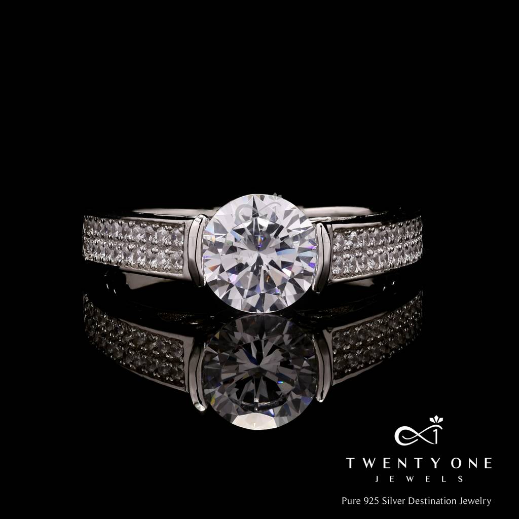 2 Line American Diamond Studded With 1 Carat Solitaire Millie Ring On Pure 925 Silver. : TR31571
