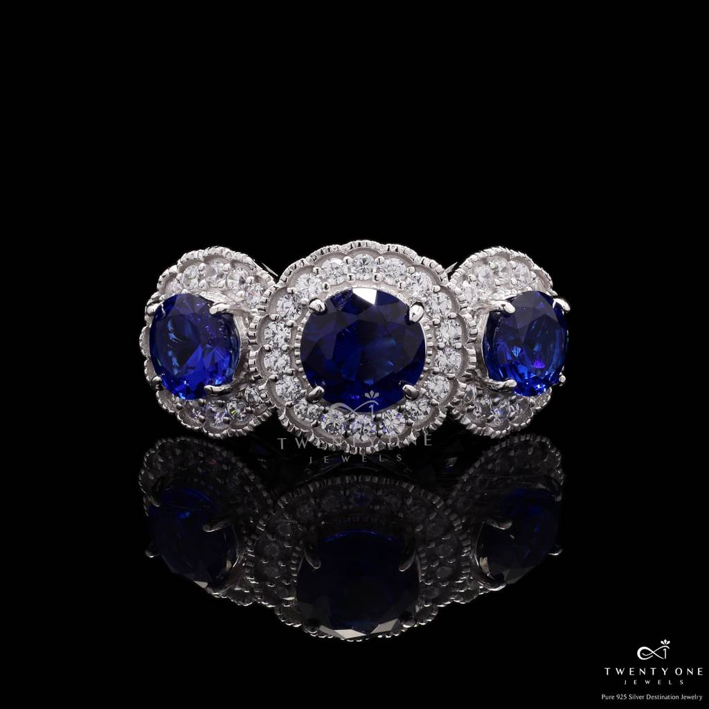 Blue Sapphire Diamond Studded Tri Solitaire Saba Ring On 925 Silver 12 : TR3161