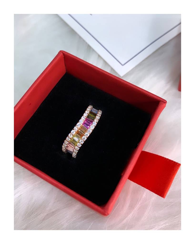 Rose Gold Finish Rainbow Veda Pure 925 Silver Ring : TR31661