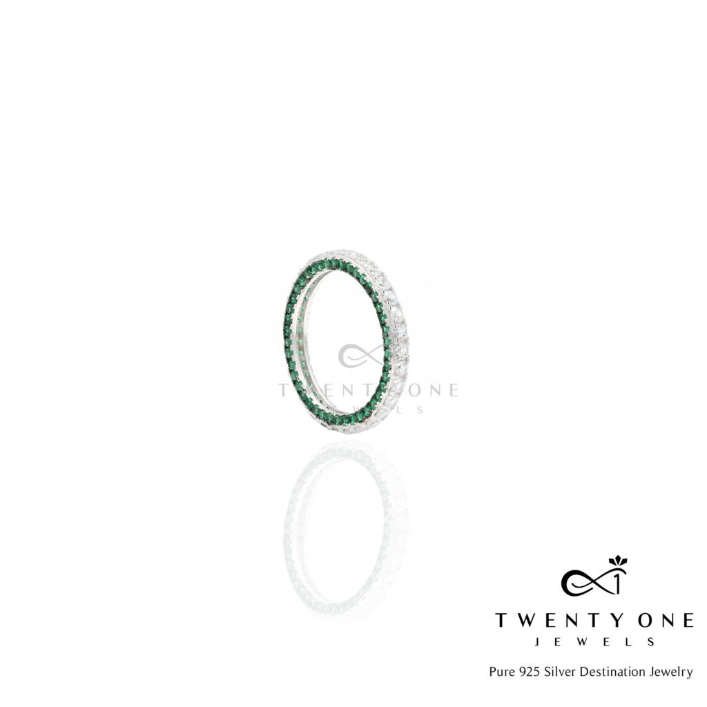 Green Emerald Detailing American Diamond Studded Band Ring On Pure 925 Silver : TR31673