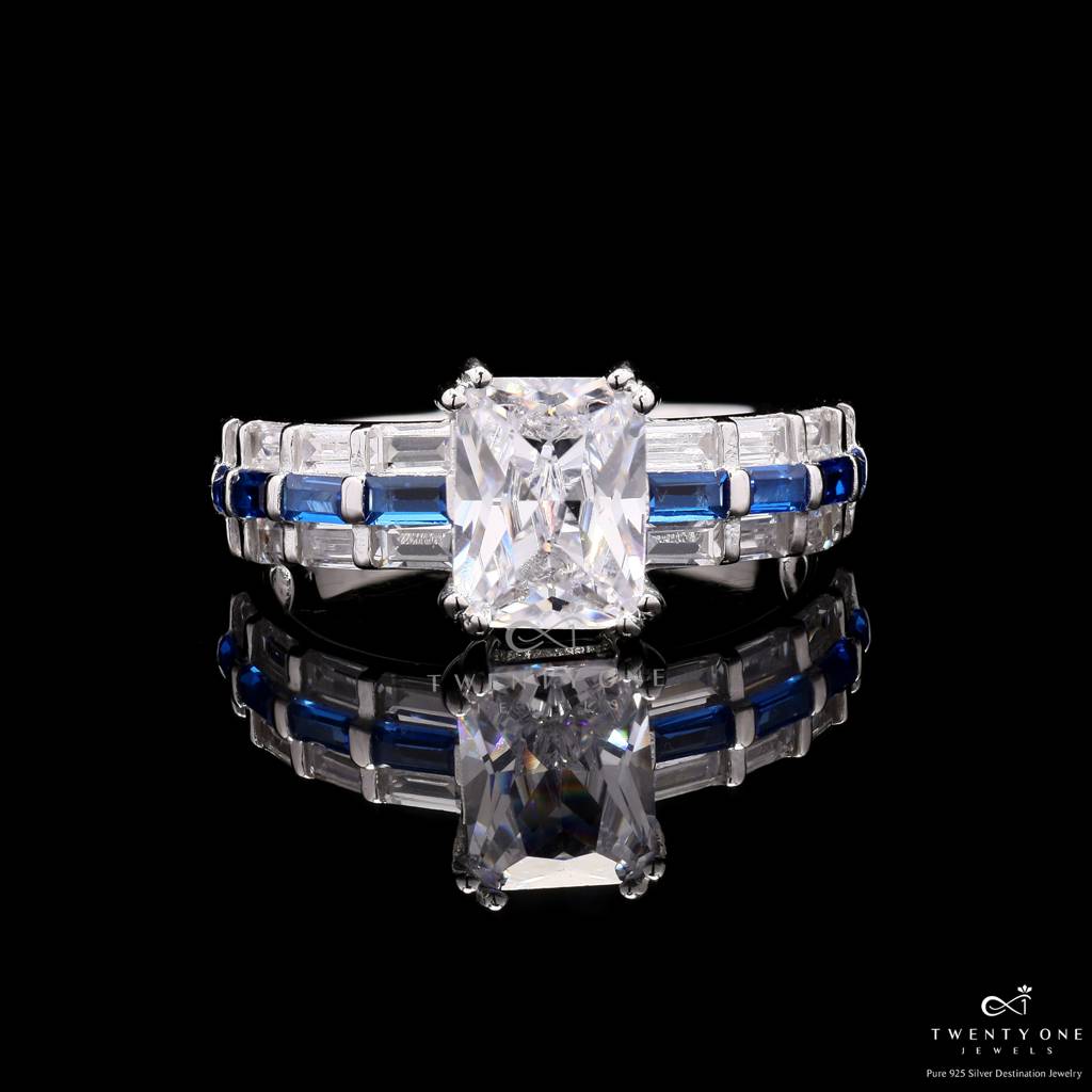 Blue Sapphire Emerald Cut Solitaire Lara Ring With Diamond Baguettes On 925 Silver 12 : TR3178