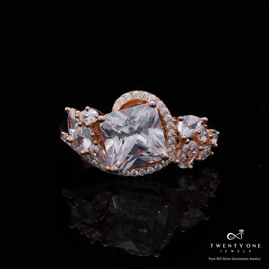 Premium Handcrafted Rose Gold 3 Carat Princess Cut Diamond Natasa Ring On Pure 925 Silver 14 : TR3197