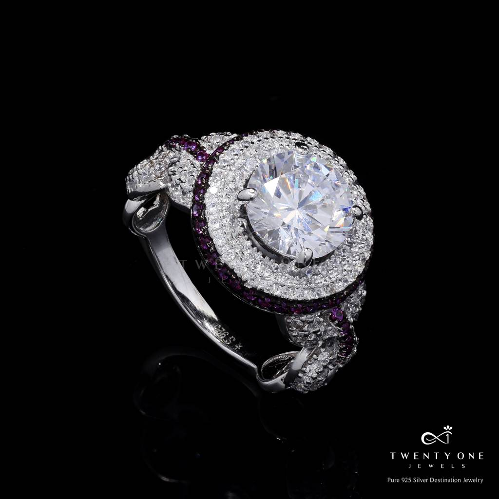 Premium Micro Setting Statement Addison Solitaire Ring With Ruby Detailing On Pure 925 Silver 12 : TR3198