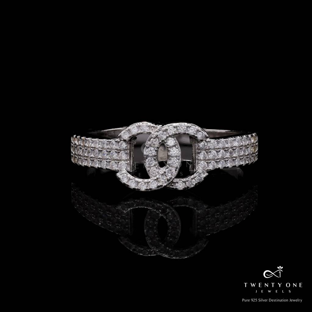 Luxury Brand Inspired American Diamond Studded Interlink Ring On Pure 925 Silver. 19 : TR3205