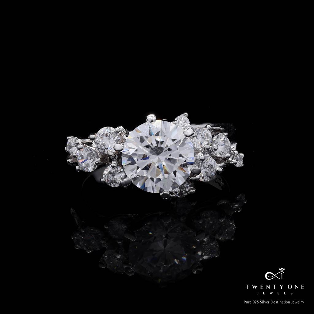 2.5 Carat Solitaire Noor Ring With Cluster Diamonds On Pure 925 Silver. 11 : TR3210