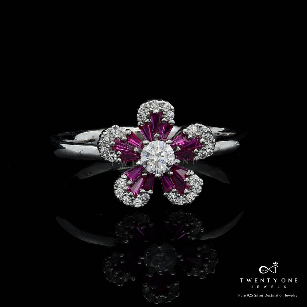 Floral Ruby Nina Ring With American Diamond Baguettes On Pure 925 Silver 16 : TR3220