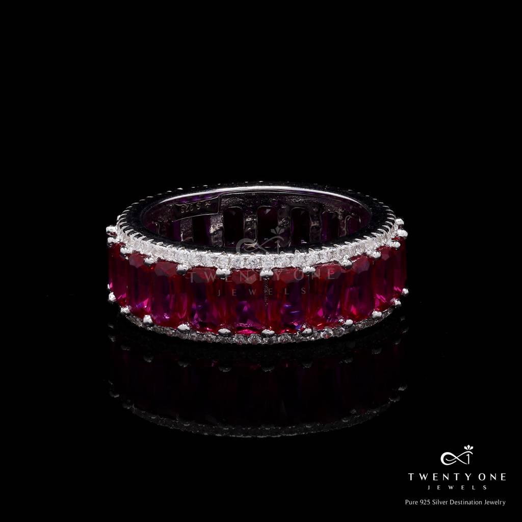 Ruby Baguette And American Diamond Studded Selah Premium Band Ring On Pure 925 Silver 15 : TR3232