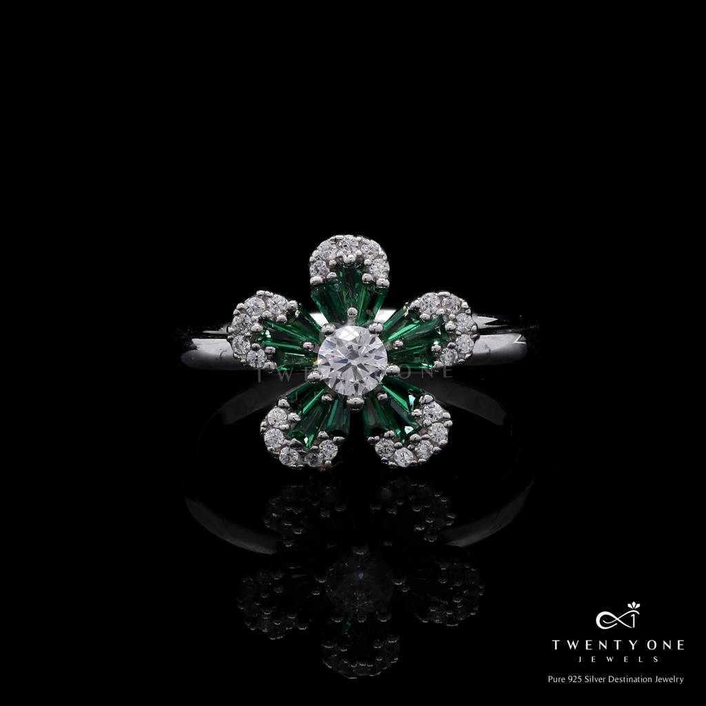 Green Emerald Baguette Nina Floral Ring With American Diamonds On Pure 925 Silver 12 : TR3235