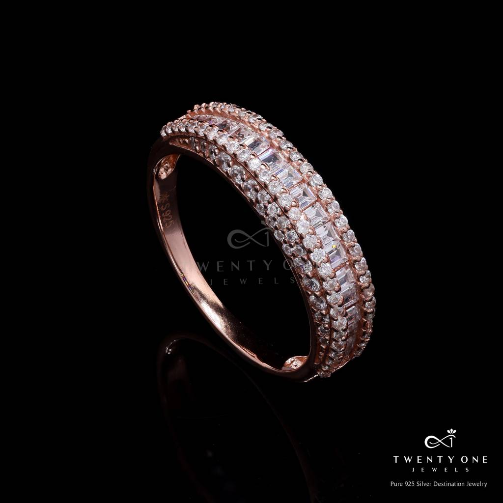 American Diamond Baguette Amari Band Ring In A Rose Gold Finish On Pure 925 Silver 15 : TR3254