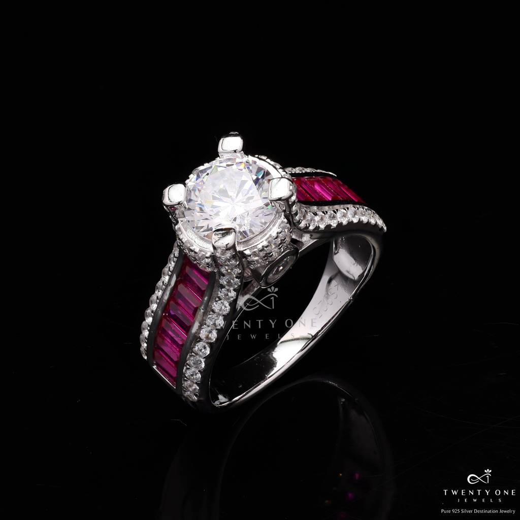 Royal Ashley Solitaire Ring With Diamond And Ruby Baguette On 925 Silver : TR32552