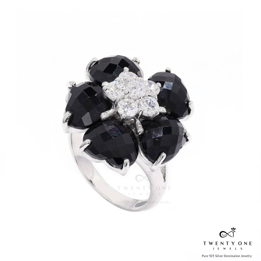 Premium Black Beauty Chunky Floral Saba Ring On Pure 925 Silver 19 : TR3263