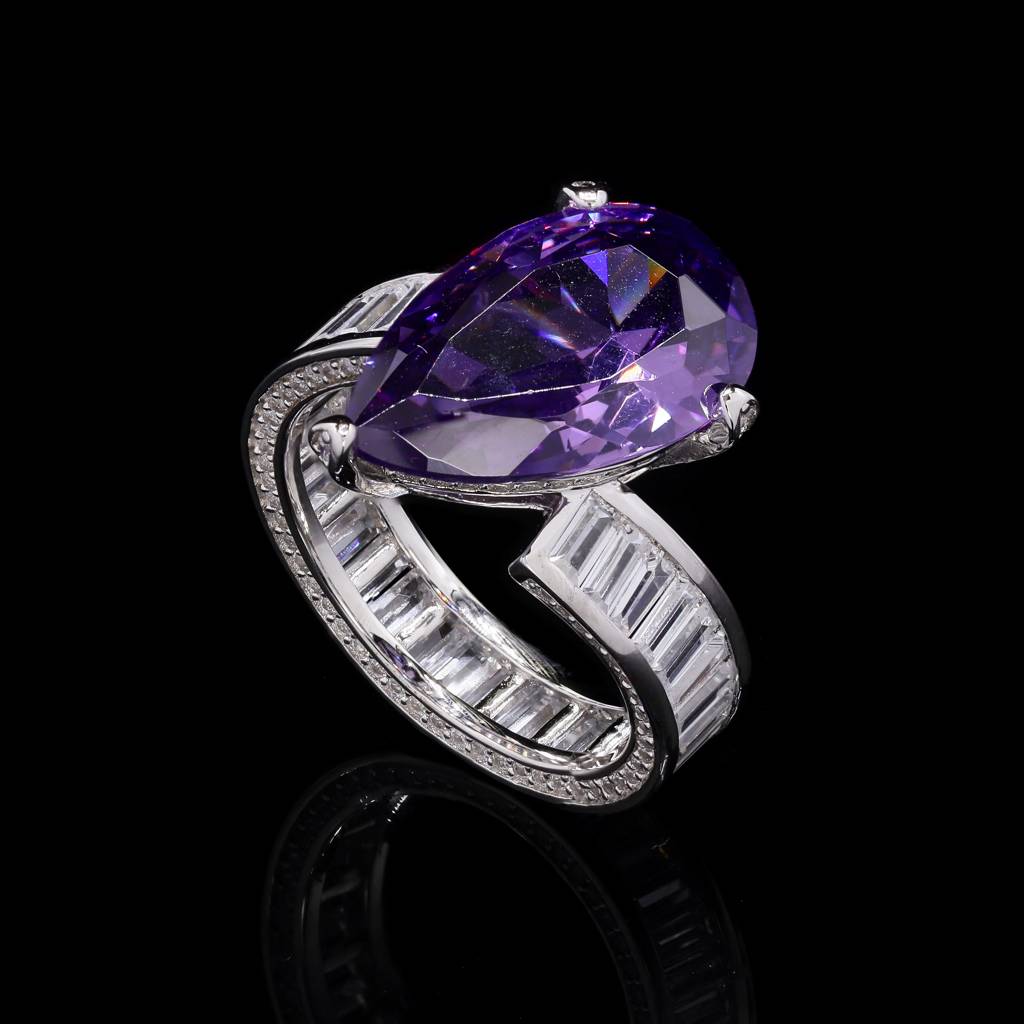 Ultra Premium 1.25 Carat Drop Amethyst Signature Ring With American Diamond Baguettes On Pure 925 Silver : TR3268