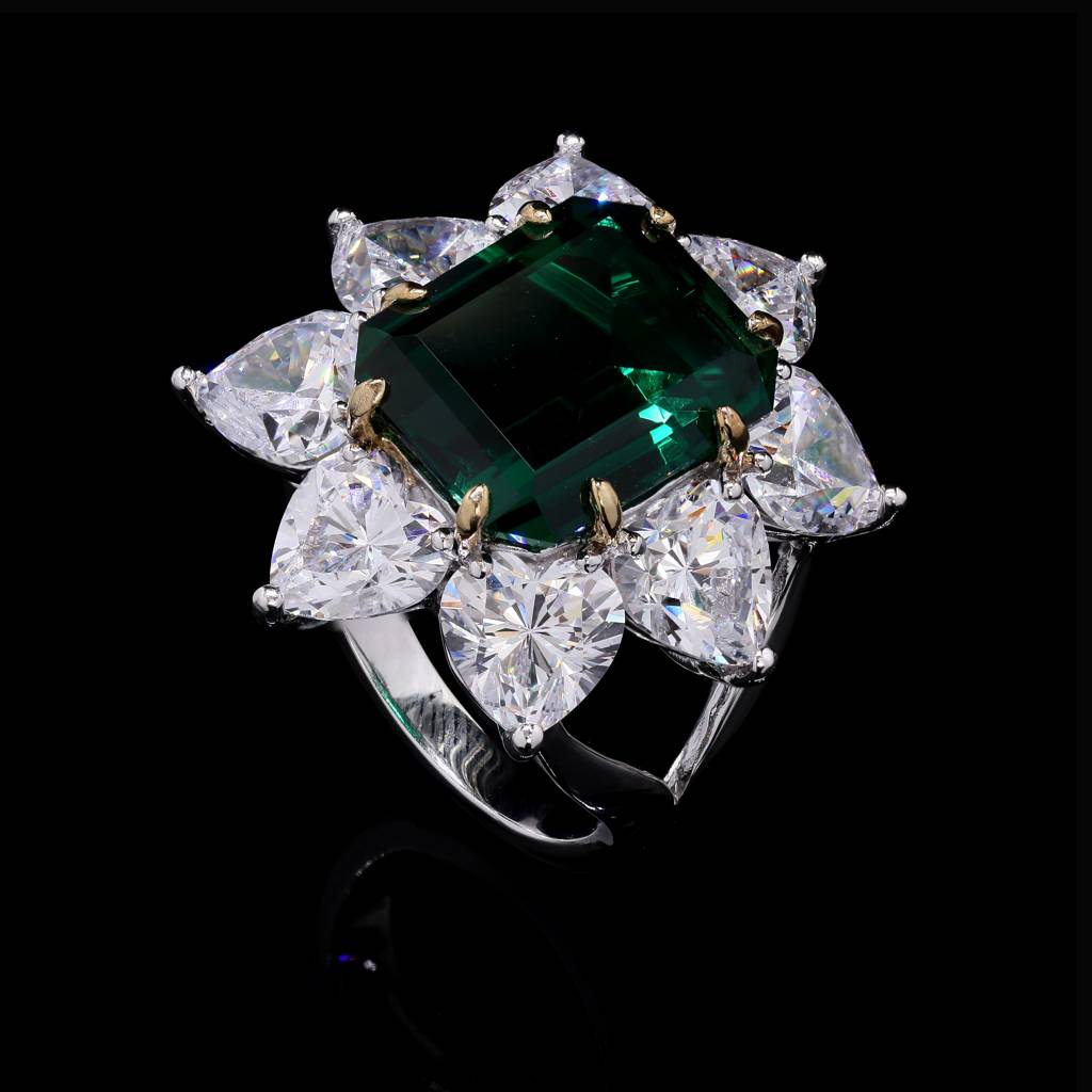 Ultra Premium 5.5 Carat Hydro Emerald And Heart Solitaire Florencia Cocktail Ring On Pure 925 Silver : TR3269