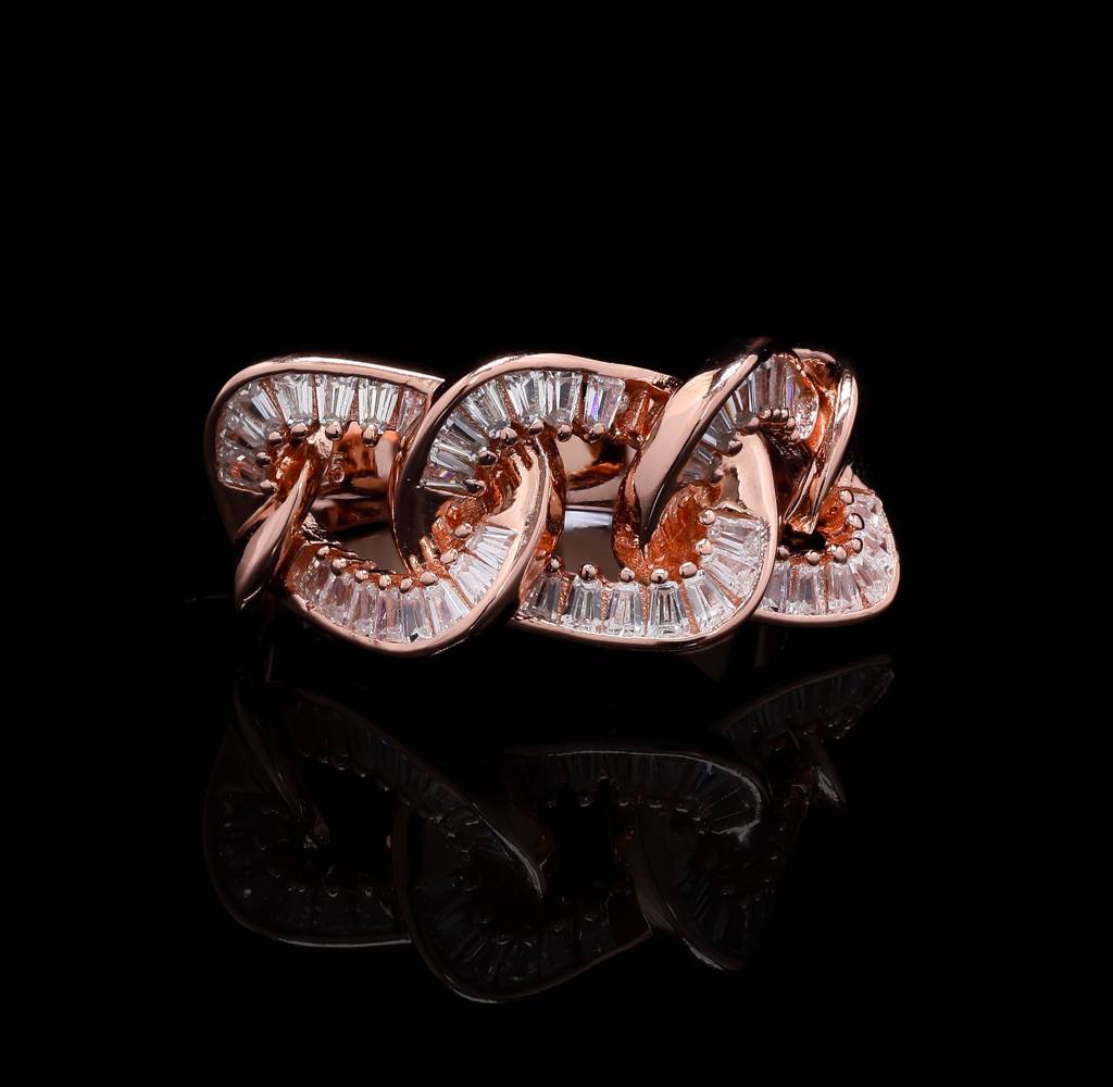 Ultra Premium Rose Gold Finish Link Ring With American Diamond Baguettes On Pure 925 Silver : TR3271