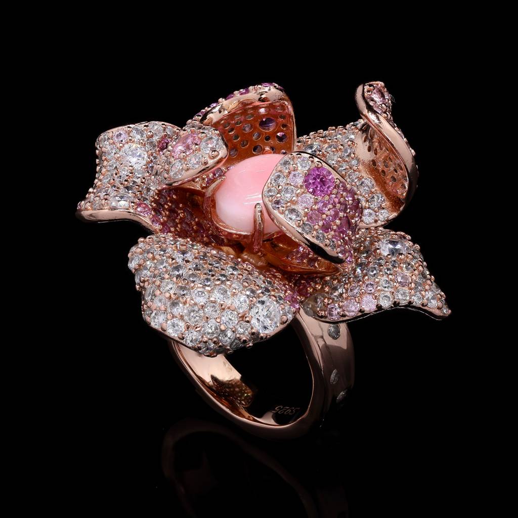 Ultra Premium Pink Conch Pearl Statement Cocktail Ring With Micro Setting American Diamonds On Pure 925 Silver : TR3274
