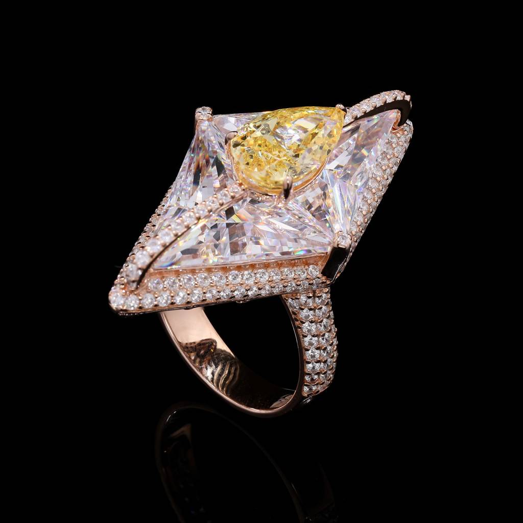 Ultra Premium Rose Gold Finish Marytime Cocktail Ring With Yellow Diamond Drop Solitaire On Pure 925 Silver : TR3275