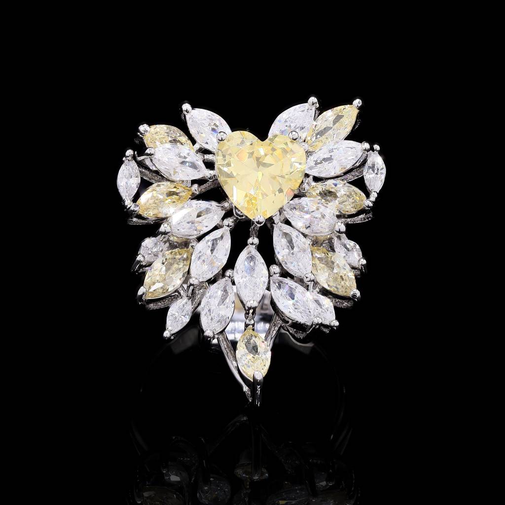 Ultra Premium Carat Yellow Diamond Heart Solitaire Cluster Ring
