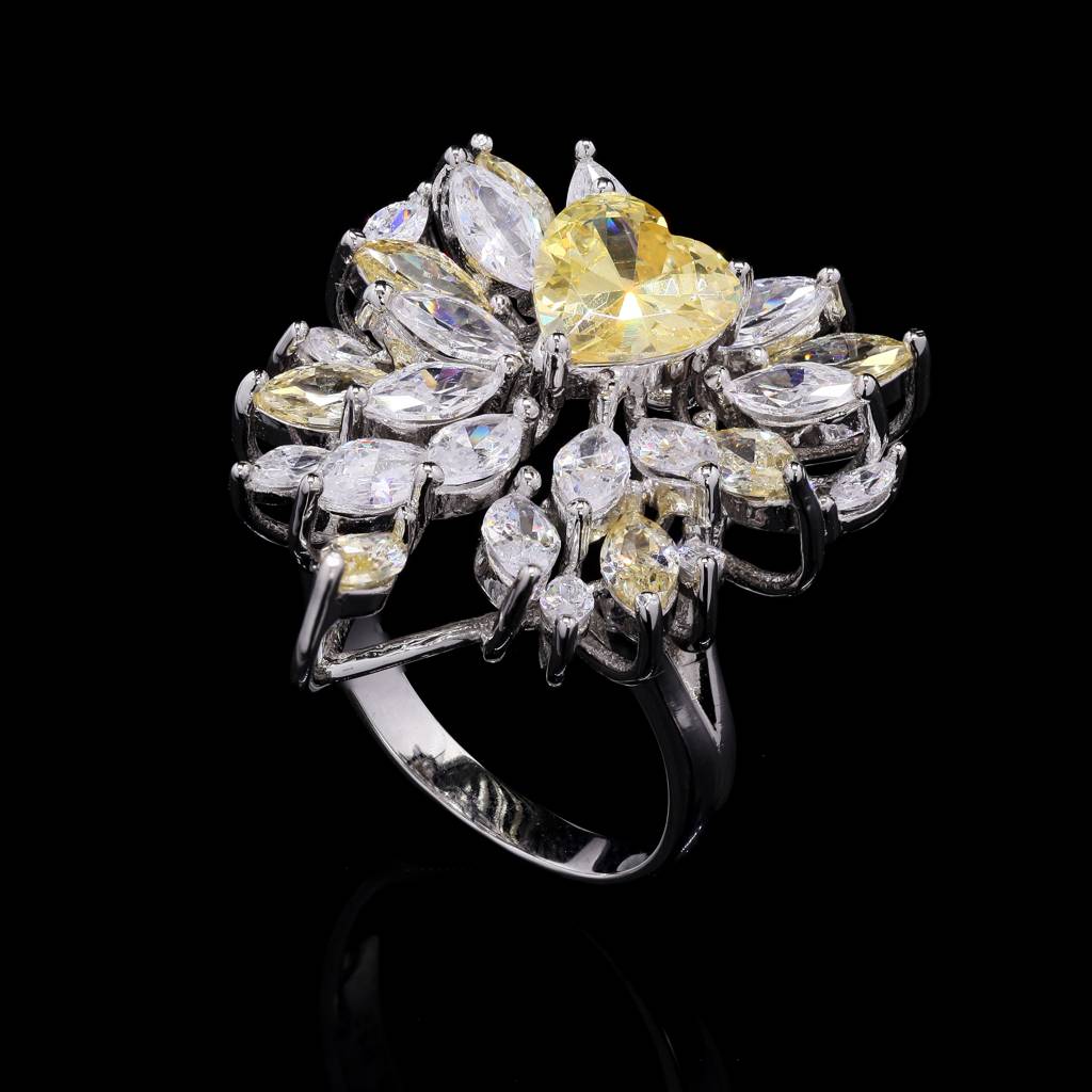 Ultra Premium 2 Carat Yellow Diamond Heart Solitaire Cluster Ring With Marquises On Pure 925 Silver : TR3280