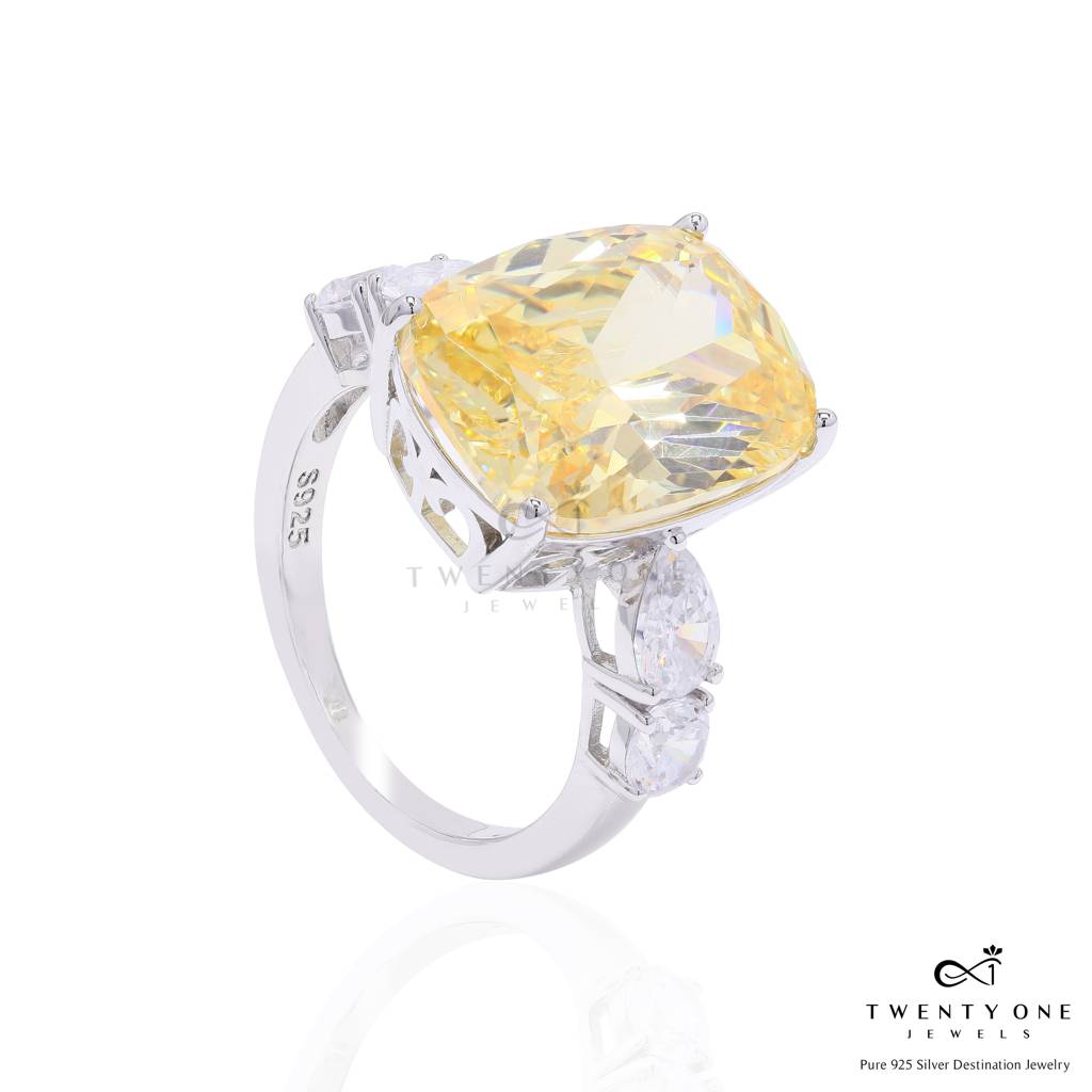 Ultra Premium Yellow Rounded Cushion Cut Solitaire Ring With Diamond Studded Band On Pure 925 Silver : TR3285
