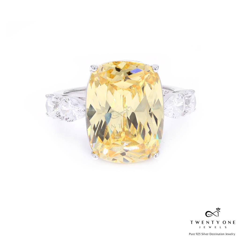 Ultra Premium Yellow Rounded Cushion Cut Solitaire Ring With Diamond Studded Band On Pure 925 Silver : TR3285
