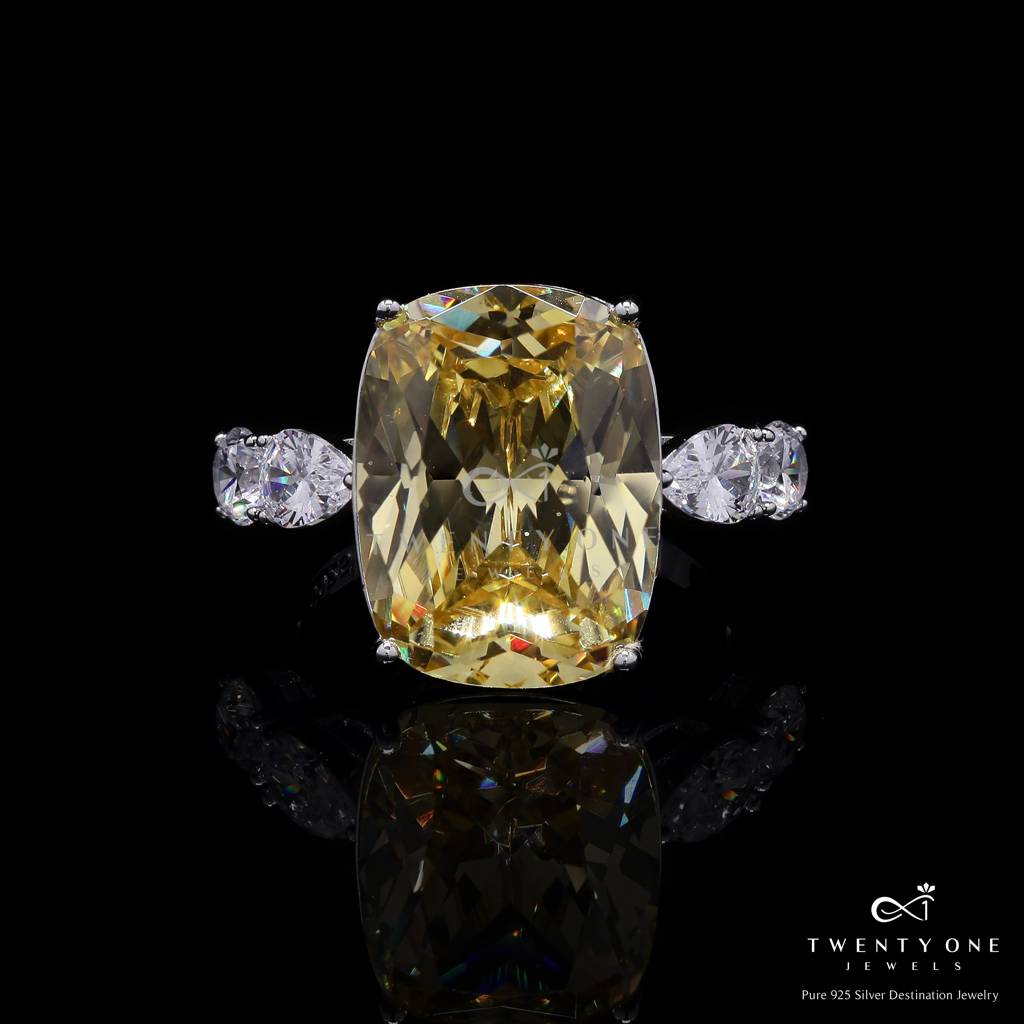 Ultra Premium Yellow Rounded Cushion Cut Solitaire Ring With Diamond Studded Band On Pure 925 Silver : TR3285