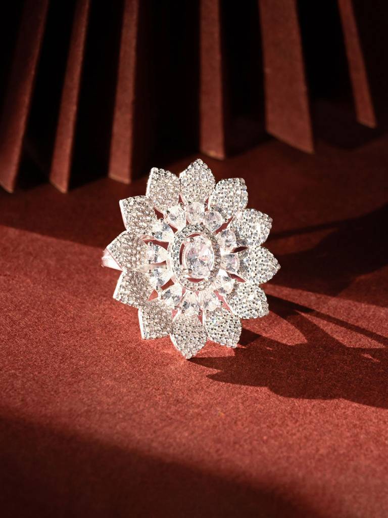 Floral Zircon Studded Silver Ring : TSLR23