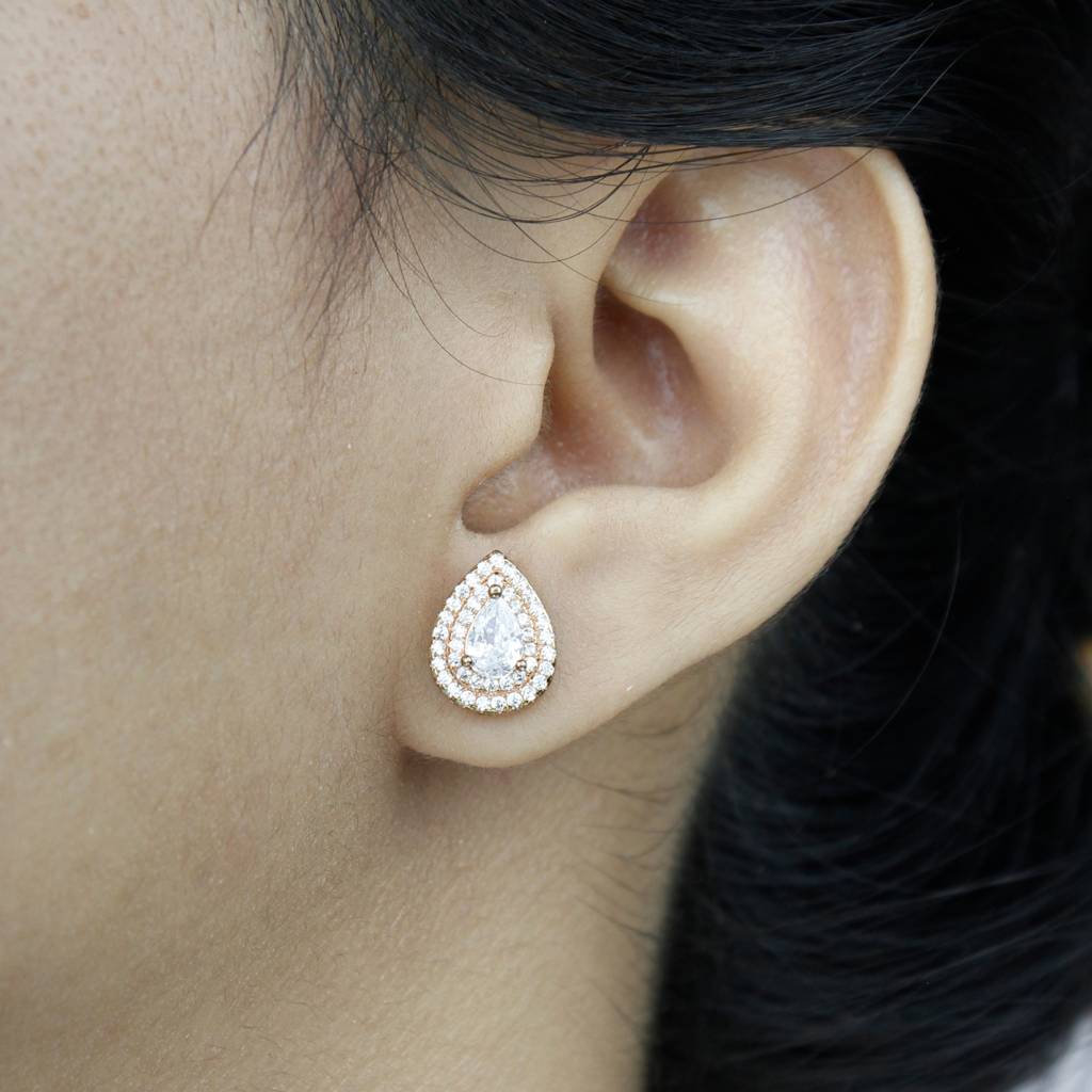 925 Sterling Silver Rose Gold Almond Shape Studs |Halo Silver Earrings : TWP1042