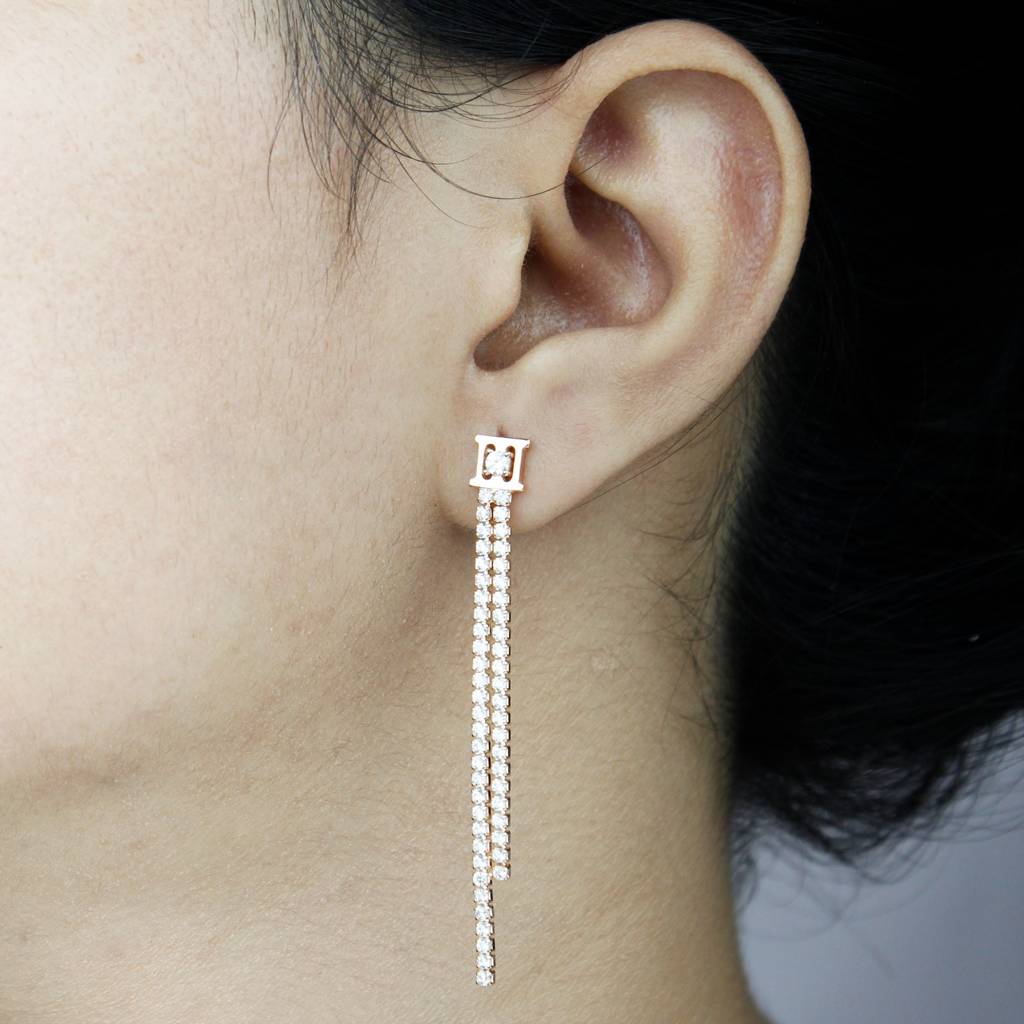 925 Sterling Silver Rose Gold Earrings| Prong-Set Long Bar Drop Earrings : TWP1055