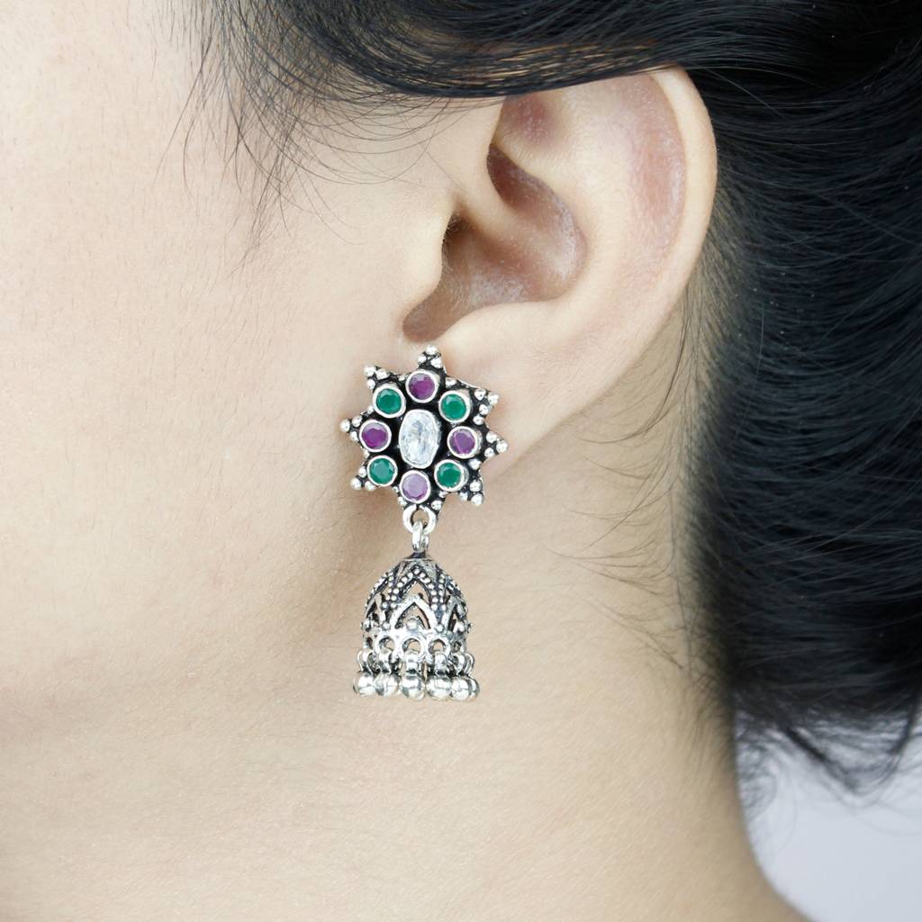 925 Pure Silver Antique Drop Earrings | Classy Silver Light Weight Jhumki : TWP1075