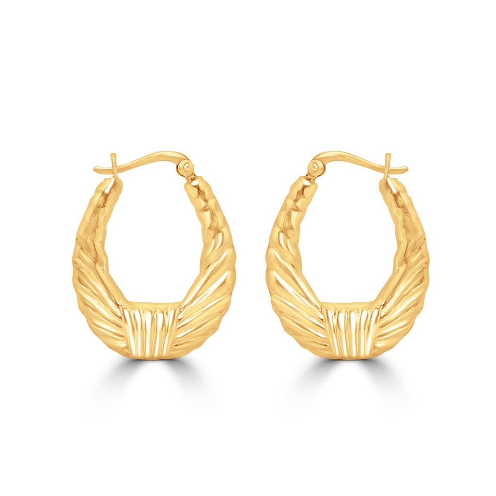 925 Sterling Silver Golden Oval Craved Hoop Earrings : TWP1237
