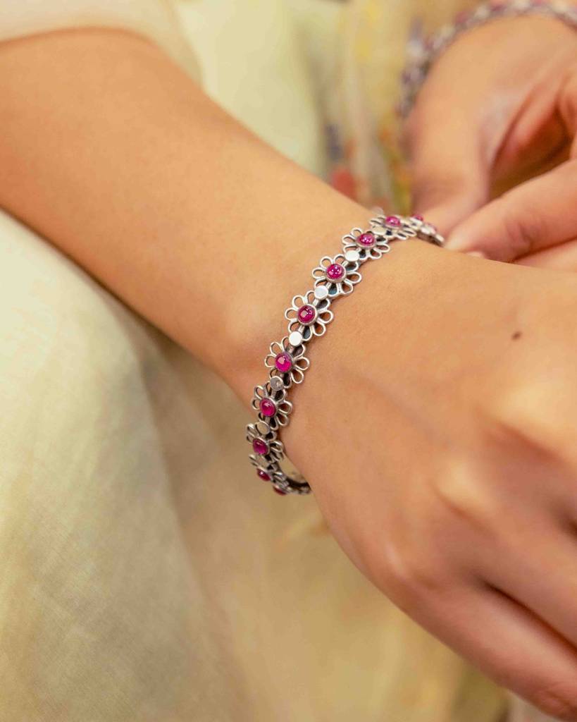 925 Sterling Silver Tattva Carved Flower Statement Bangle : SB1521