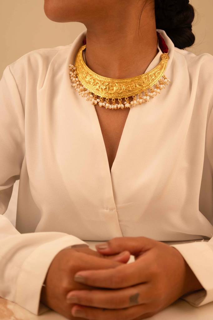 Tattva Chitai Flower Intricate Gold Plated Pearl Drop Dori Necklace : SN115G-M