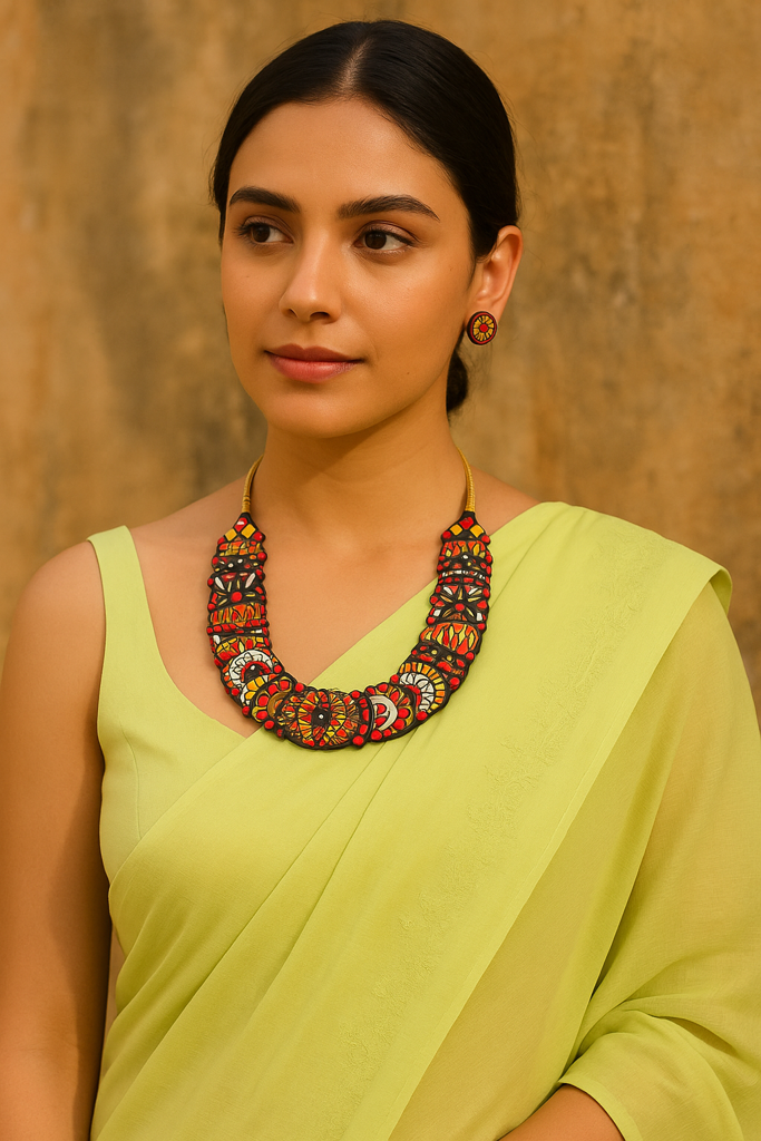 Handcrafted Multi-Color Tribal Motifs Terracotta Clay Adjustable Length Choker Necklace Set : ALT-JEW-Wardrobe-125