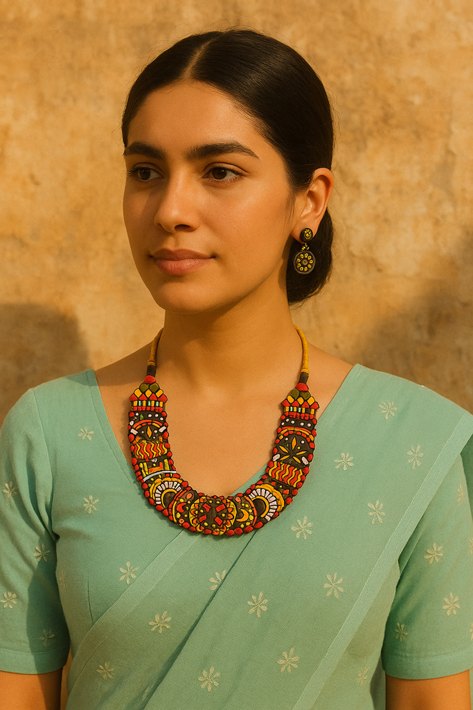 Handcrafted Multi-Color Tribal Motifs Terracotta Clay Adjustable Length Choker Necklace Set : ALT-JEW-Wardrobe-125