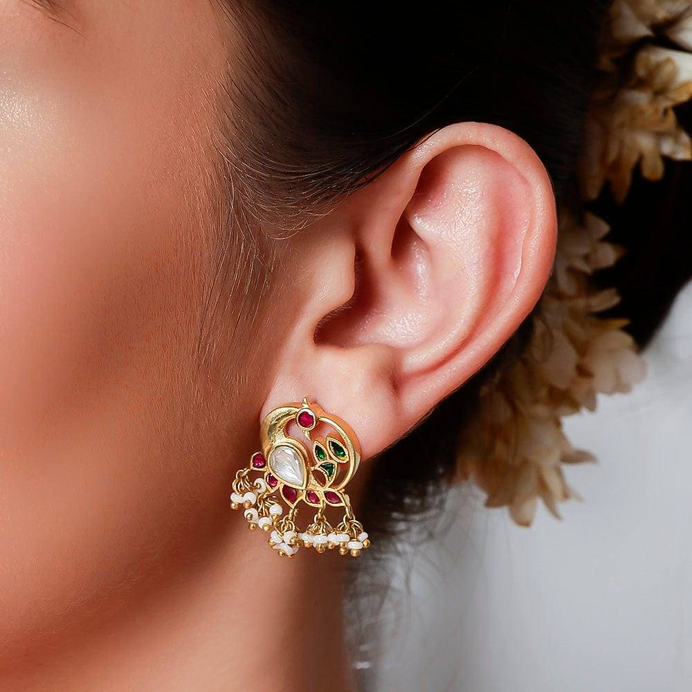 92.5 Silver Swan Motif Kundan Stud Earrings : U080SG009E1001