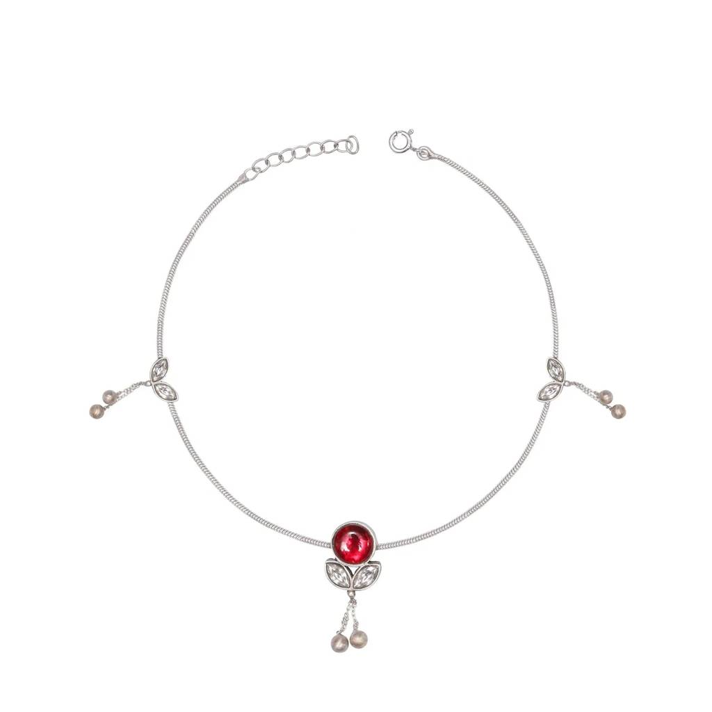 Single Big Red Kundan With Small Beads Hangings Silver Anklets : U080SO08LA0598