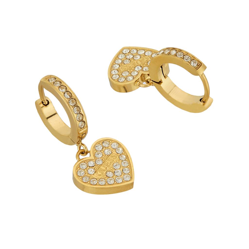 Guess Huggie Me Gold-Plated Stainless Steel Heart Drop Earrings For Women : UBE03136YG