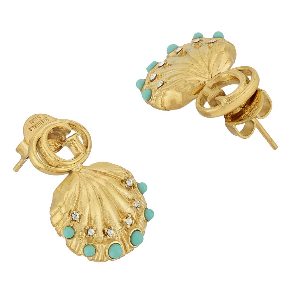 Guess Seashell Gold-Plated Blue Stainless Steel Stud Earrings For Women : UBE05128YG