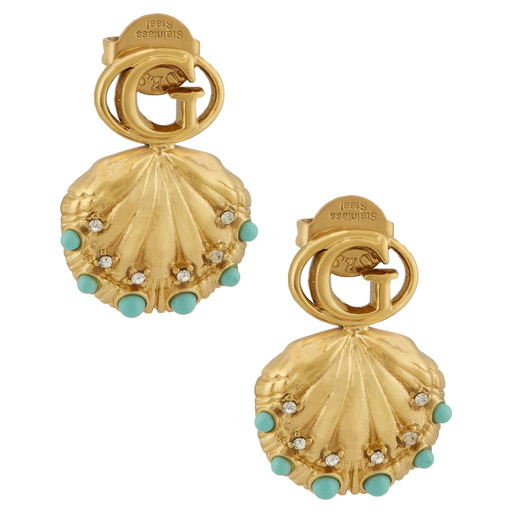 Guess Seashell Gold-Plated Blue Stainless Steel Stud Earrings For Women : UBE05128YG