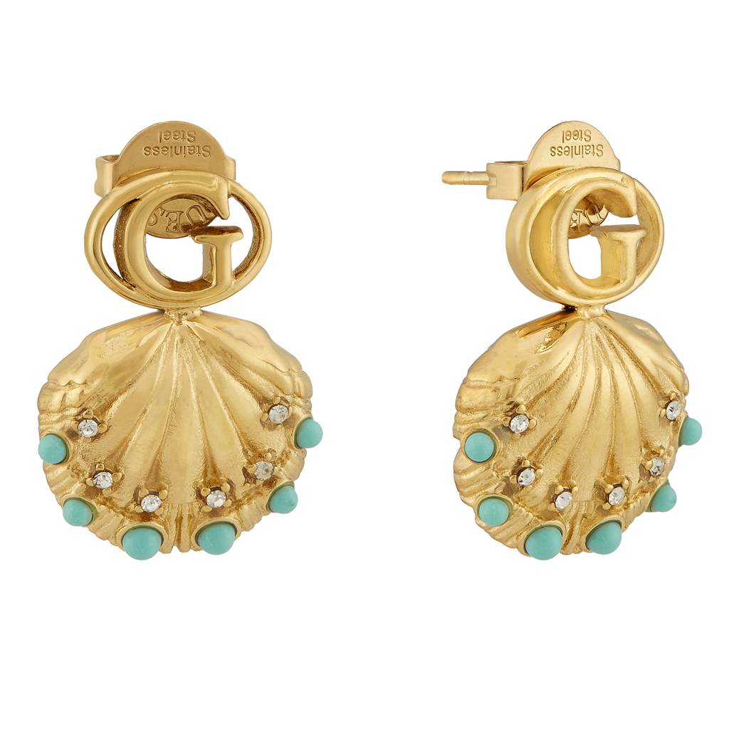 Guess Seashell Gold-Plated Blue Stainless Steel Stud Earrings For Women : UBE05128YG