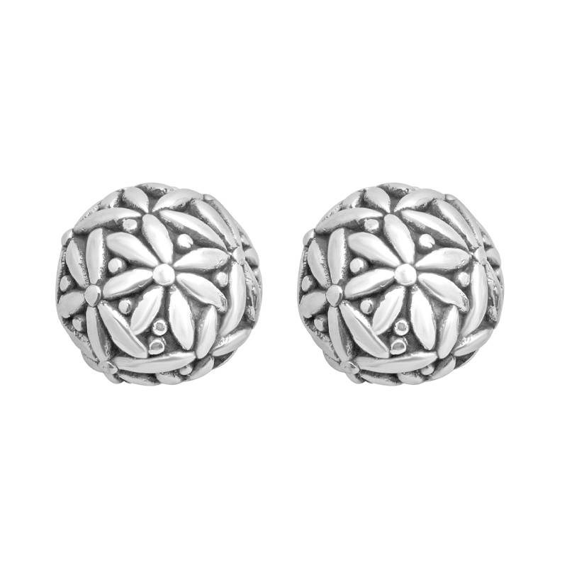 925 Pewter Floral Bead Studs Earrings | Mini Antiqued Silver Round Flower Studs : TWP1164