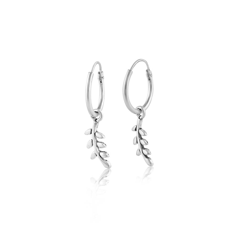 925 Sterling Silver Hoop Earrings With Leaf Branch Charms : RJSPER54