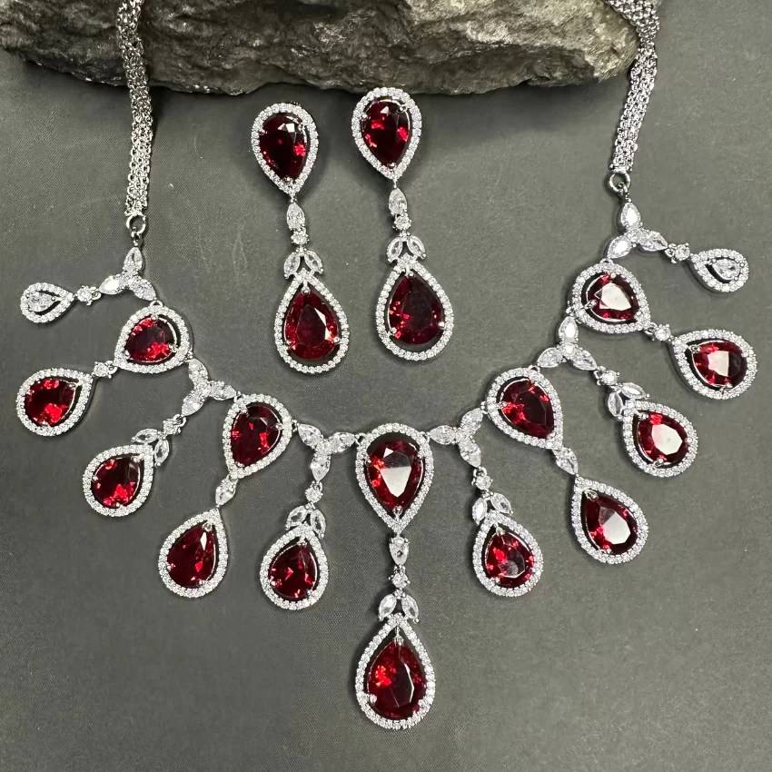 Sparkling Elegant Red Teardrop Faux American Diamond Doublet Necklace : azd1550d