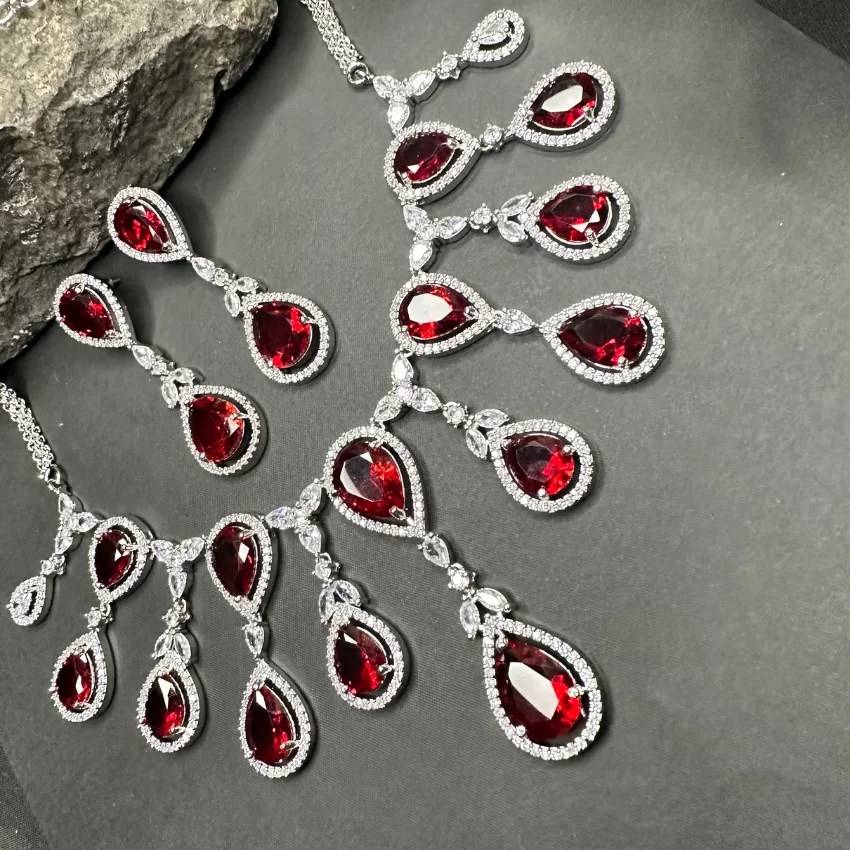 Sparkling Elegant Red Teardrop Faux American Diamond Doublet Necklace : azd1550d