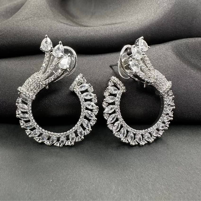 Silver Toned Studded Statement American Diamond Stud Earrings : fss28js