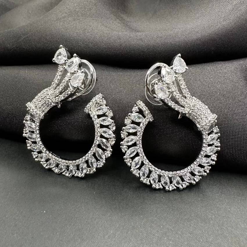 Silver Toned Studded Statement American Diamond Stud Earrings : fss28js