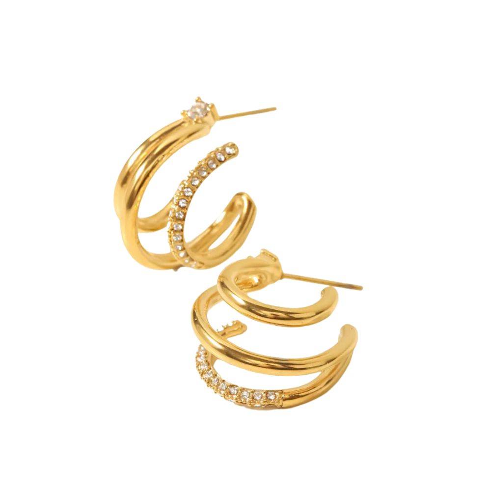 18Kt Gold Plated Triple Hoop Zircon Earrings, Natalie : INNATALIE