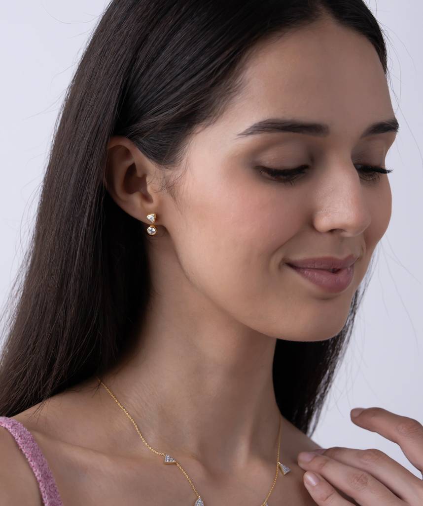 18K Gold Vermeil Trilliant & Round Diamond Studs : KES0027-Gold