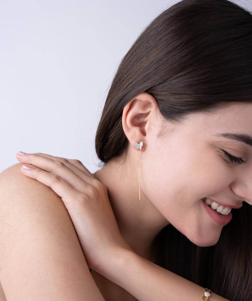 18K Gold Vermeil Diamond Butterfly Threader Earrings : KET0006-Gold