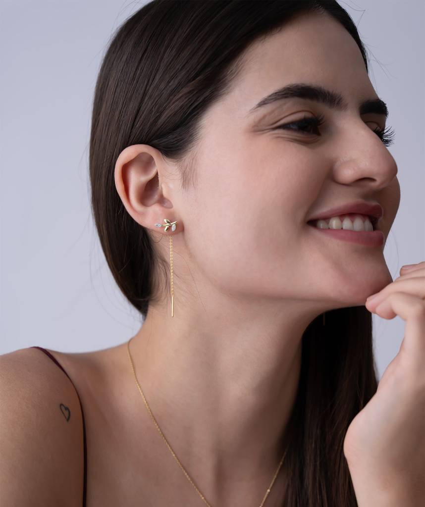 18K Gold Vermeil Leaf Drop Threader Earrings : KET0003-Gold